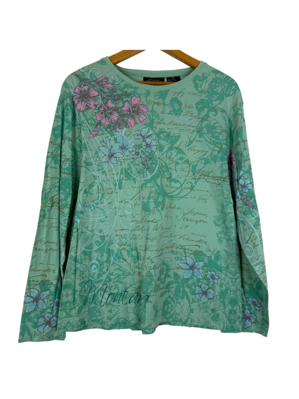 Prairie Mountain Womens XL Cotton Top Mint Green Montana Floral Rhinestone